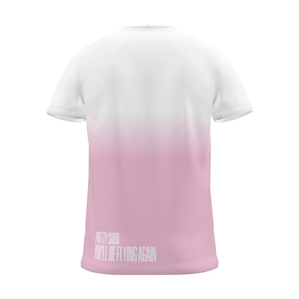 "pretty soon, you'll be flying again" Backprint Tee (Hem Print), magenta dip, back view
