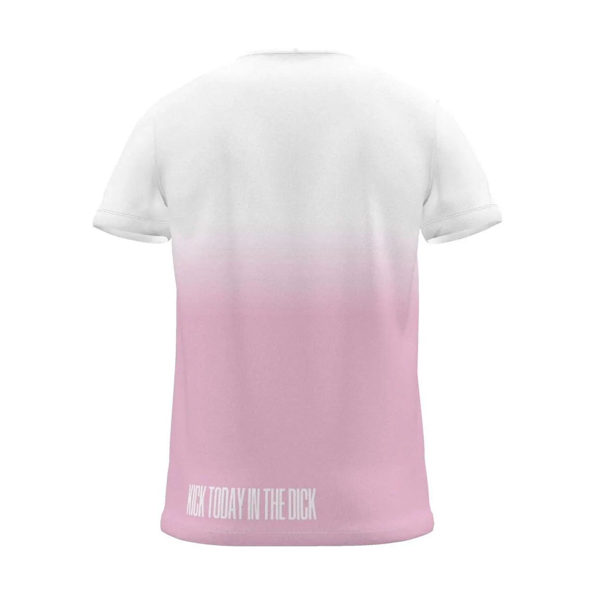 "KICK TODAY IN THE DICK" Backprint Tee, magenta dip, back view