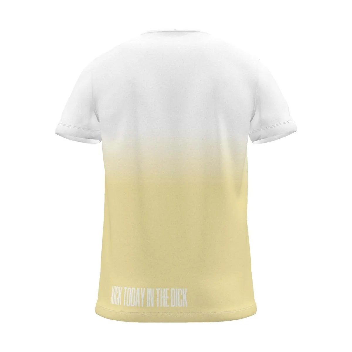 "KICK TODAY IN THE DICK" Backprint Tee, yellow dip, back view