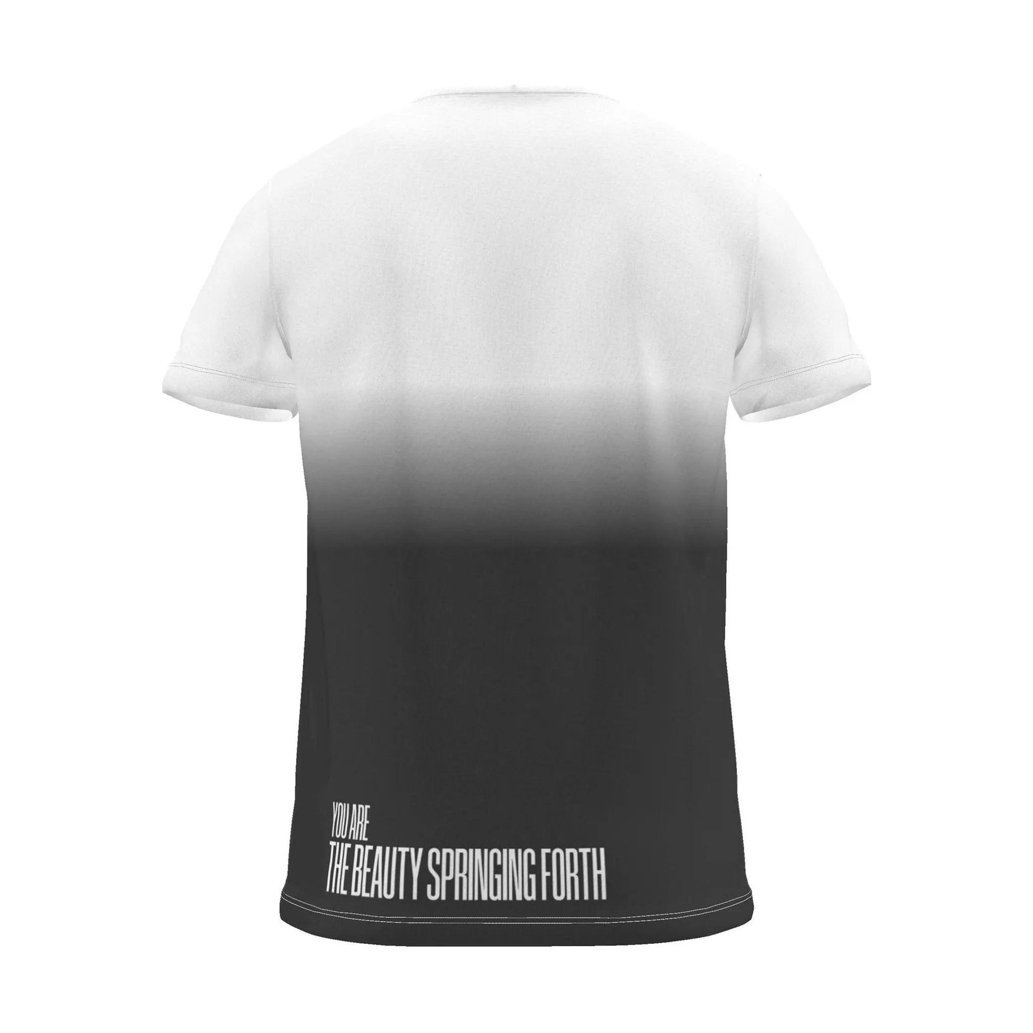 "MAY BEAUTIFUL NEW THINGS SPRING FORTH" Backprint Tee (Hem Print), charcoal dip, back view