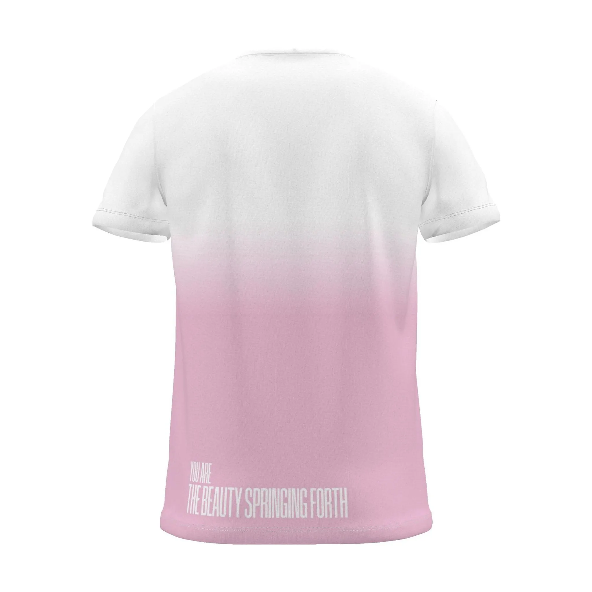 "MAY BEAUTIFUL NEW THINGS SPRING FORTH" Backprint Tee (Hem Print), magenta dip, back view