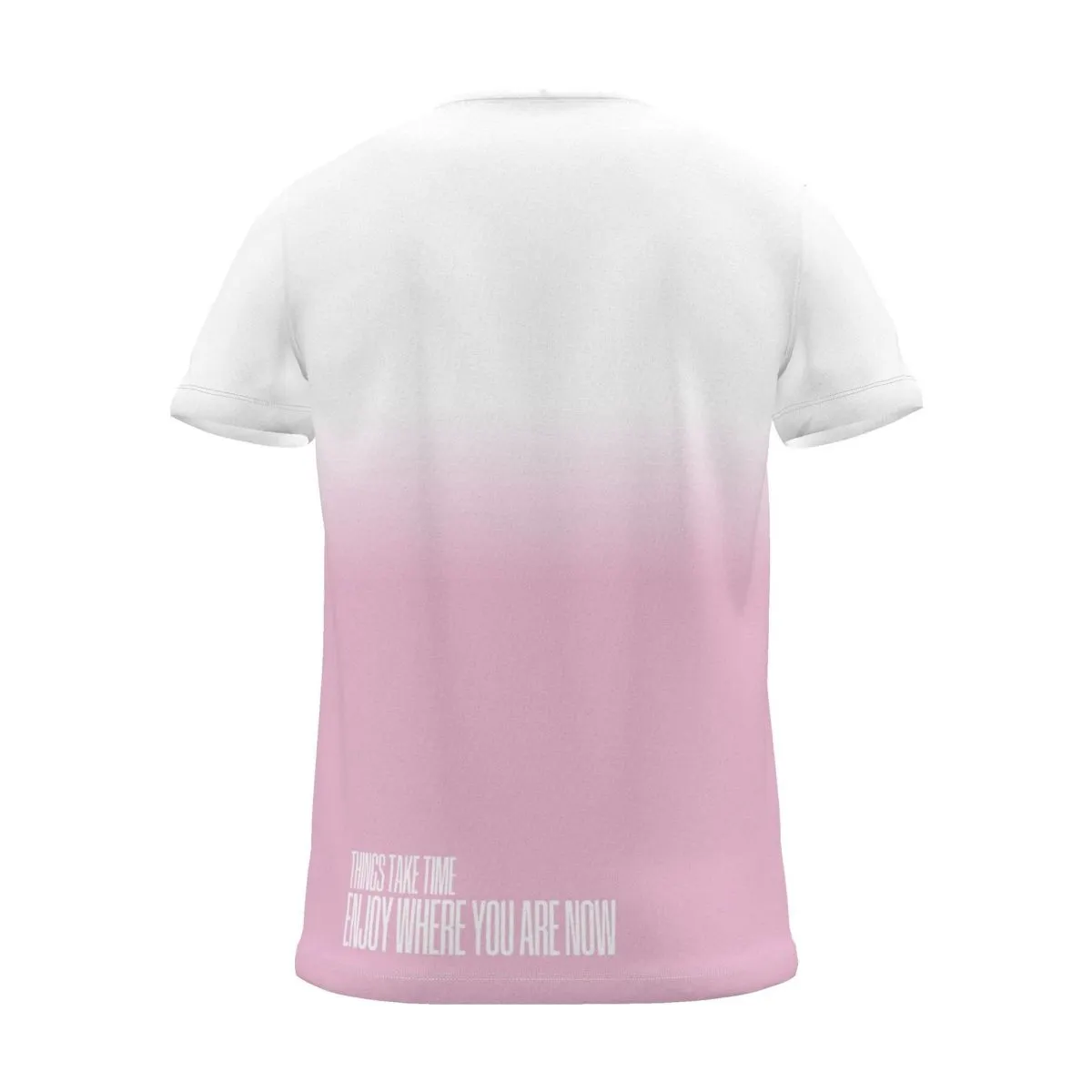 "enjoy where you are now" Backprint Tee, magenta dip, back view