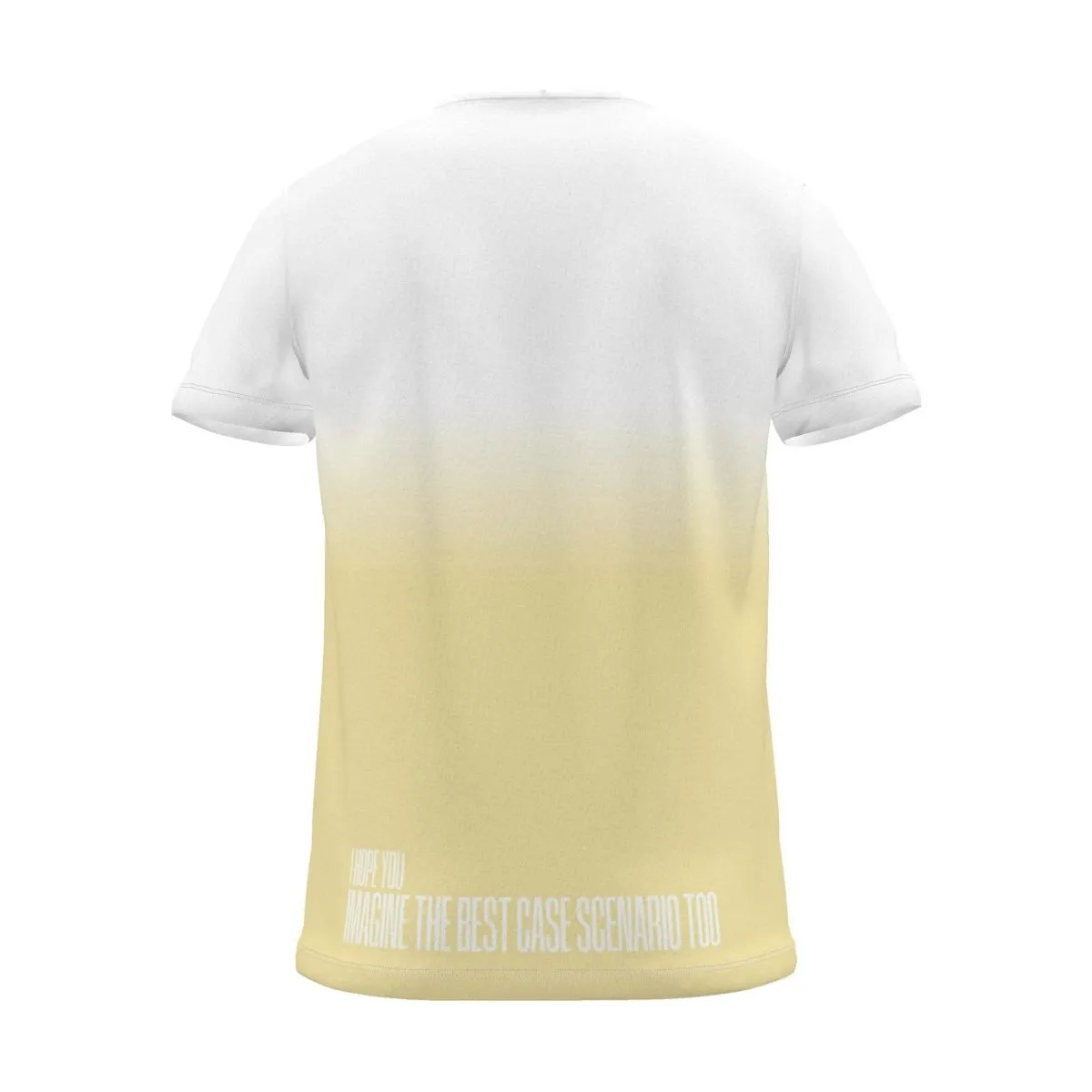 "imagine the best case scenario too" Backprint Tee (Hem Print), yellow dip, back view