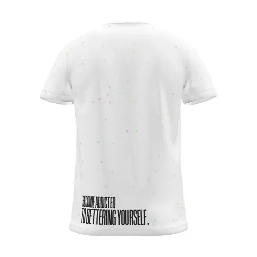 "BECOME ADDICTED TO BETTERING YOURSELF." Backprint Tee, white dots, back view