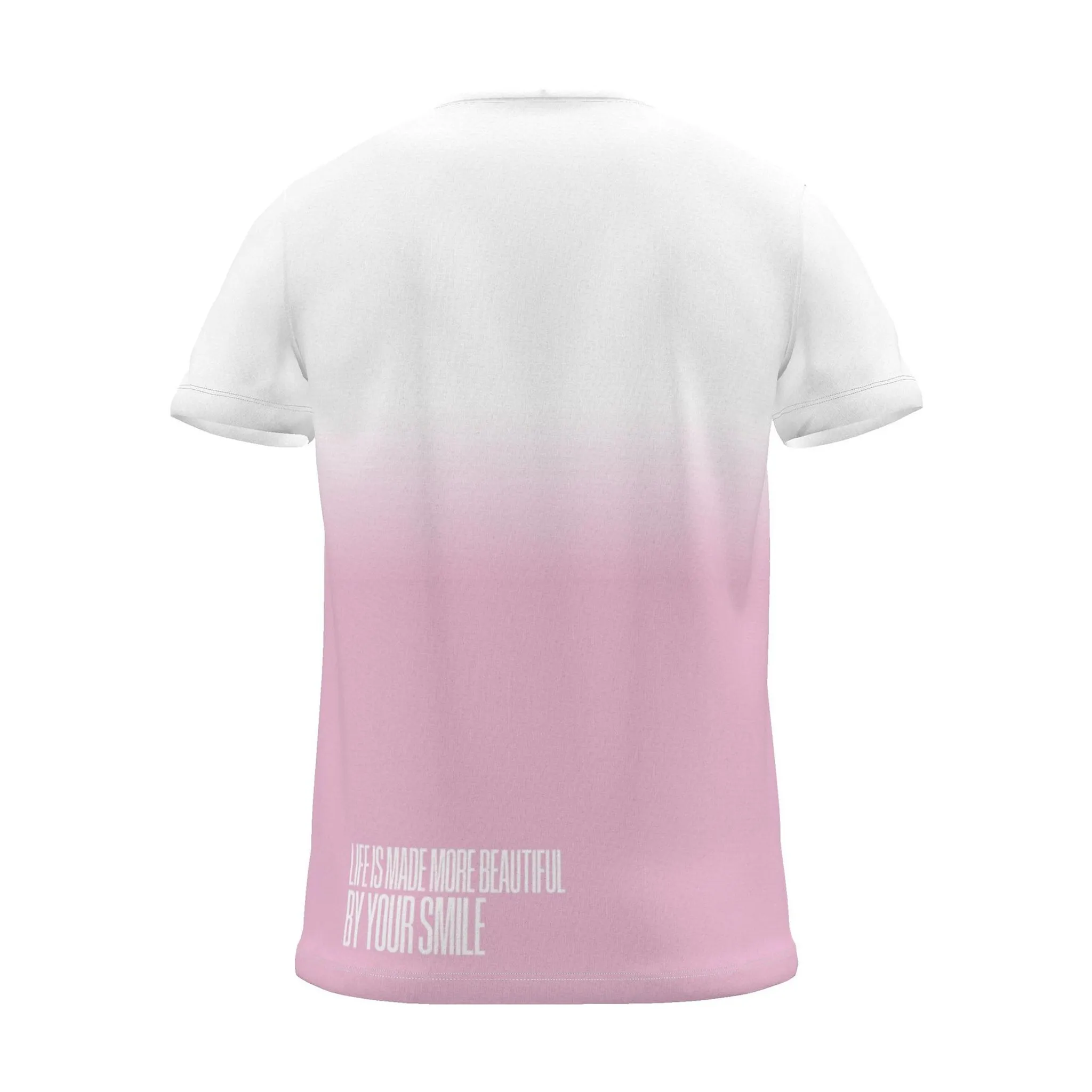 "your smile makes life more beautiful." Backprint Tee, magenta dip, back view