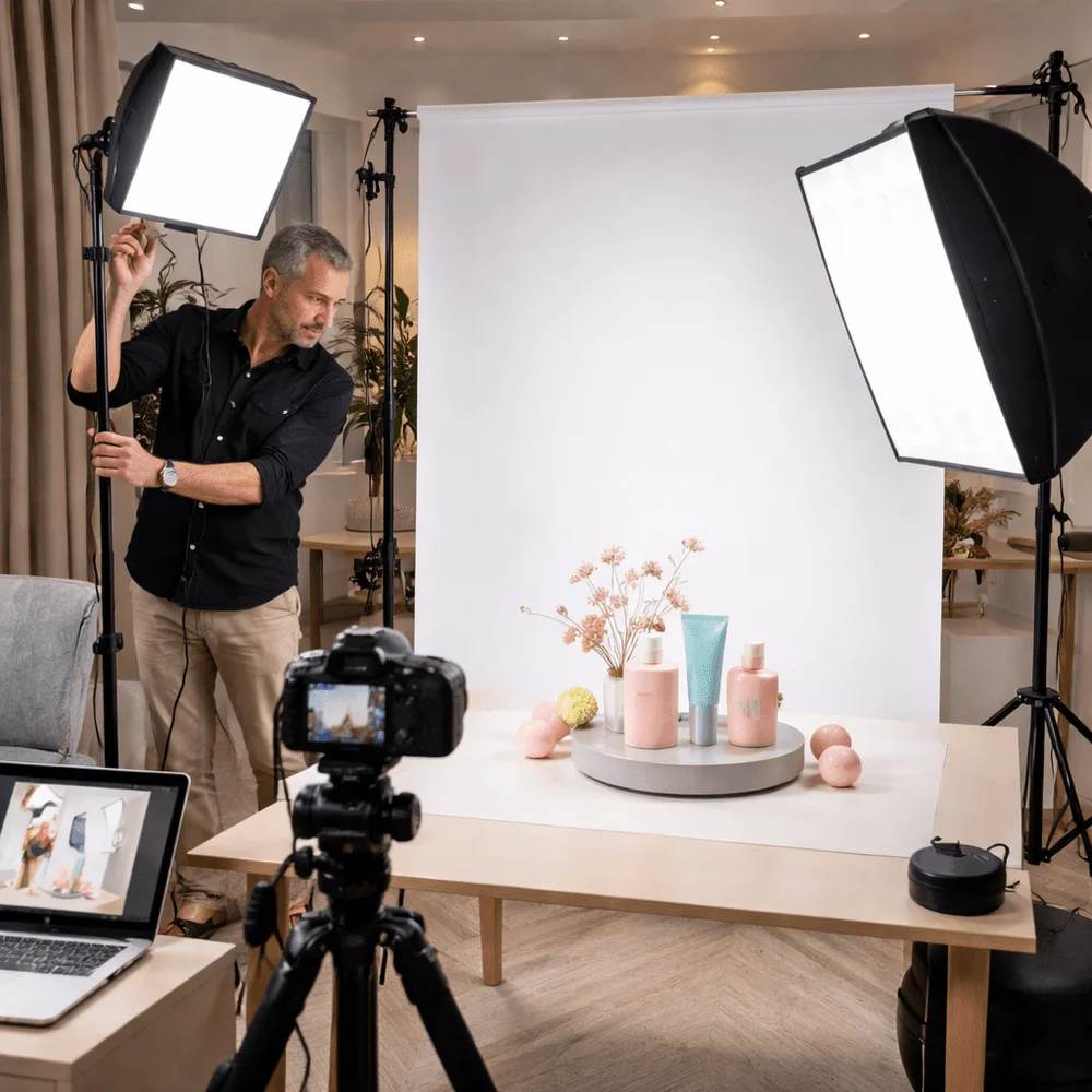 Overhead studio view of a product photography lighting setup with a key light and fill light positioned around a small product on a backdrop, with camera on tripod