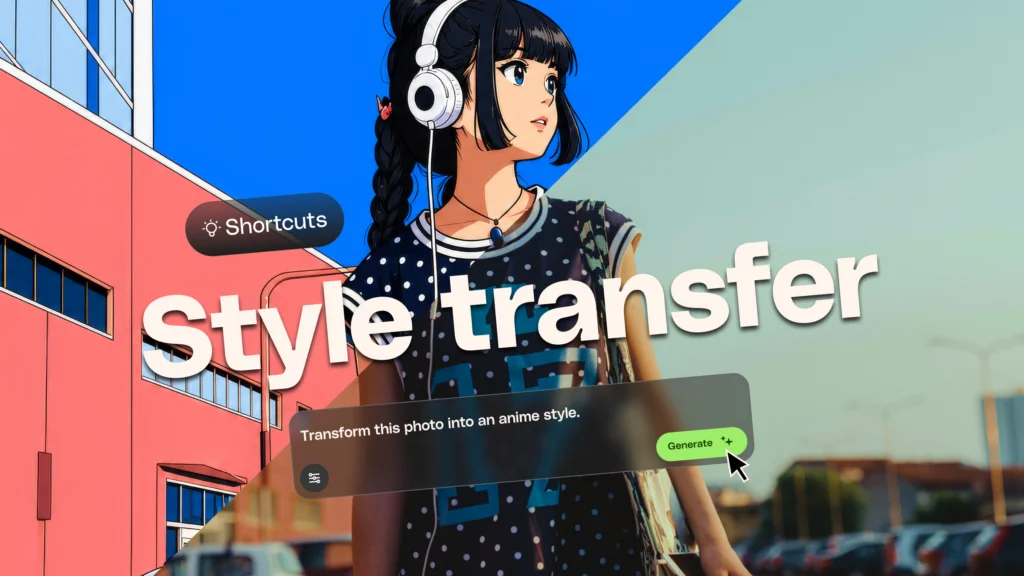 Blog header for AI style transfer in Envato Shortcuts, showing a photograph reimagined in multiple artistic styles