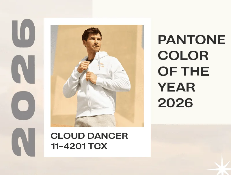 Pantone 2026 colour of the Year Cloud Dancer swatch shown alongside custom apparel colour pairing examples